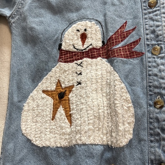 Vintage Button Down Denim Shirt Snowman Embroidered Patchwork Americana SzS - Picture 3 of 12